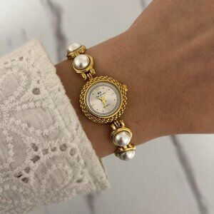 SKU:0001 Mini gold / silver watch bracelet with white pearls + in a gift box